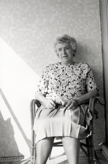 My mother sitting on the balcony of my flat on Christmas Day, Sha Wan Drive, 25 December 1995