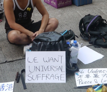 Protest placards at the Tsim Sha Tsui Umbrella Movement occupation site, Canton Road, 1 October 2014