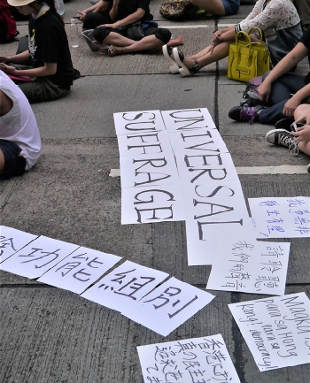 Protest signage at the Tsim Sha Tsui Umbrella Movement occupation site, Canton Road, 1 October 2014