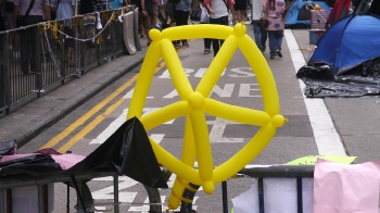 Barricade with balloon umbrella, Mongkok Umbrella Movement occupation site, Nathan Road, 26 October 2014