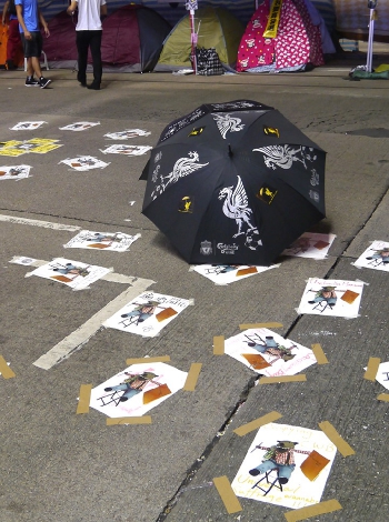 An umbrella associating Liverpool Football Club with the Umbrella Movement at the Causeway Bay Umbrella Movement occupation site, Yee Wo Street, 27 October 2014