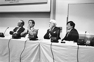 German intellectual Jurgen Habermas (second from right) taking part in a panel discussion at Hong Kong Baptist University, 14 May 1996