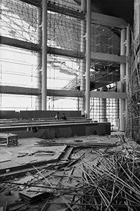 Interior of the Convention and Exhibition Centre extension, showing construction of the podium on which the handover ceremony will take place, 27 May 1997