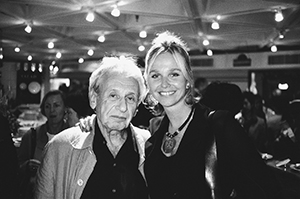 British theatre designer Ralph Koltai, with Lindsay McAllister of the Hong Kong Youth Arts Festival, at the opening party of a European film festival, Hong Kong Arts Centre, 5 November 1999