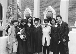 A group of students of many different nationalities (plus one spouse), taking graduation photos, Main Building, HKU, 30 November 1995