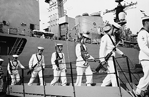British sailors disembarking from HMS Chatham, 28 June 1997