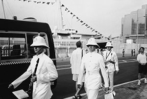 British military bandsmen with HMY Britannia, the Royal Yacht, visible behind, 28 June 1997