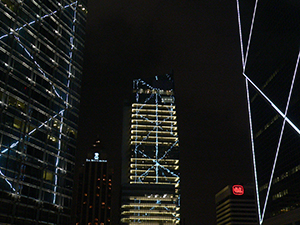 Bank of China tower (right), with illuminations reflected in the Cheung Kong Center (left) and the AIG Tower (centre), Garden Road, 10 June 2005