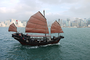 Duk Ling, a motorized junk with sails, Victoria Harbour, 19 May 2011