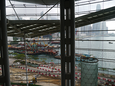 View of construction and reclamation taking place in Wanchai through the windows of the Hong Kong Convention and Exhibition Centre, 24 November 2012