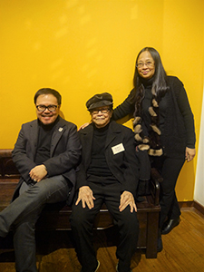 Artists Hon Chi-fun (seated centre) and Choi Yan-chi, with designer Freeman Lau (seated left), at the opening of an exhibition of Hon's work at the University Museum and Art Gallery, University of Hong Kong, 15 January 2013