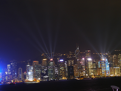 Hong Kong Island skyline at night with light show, 26 April 2013