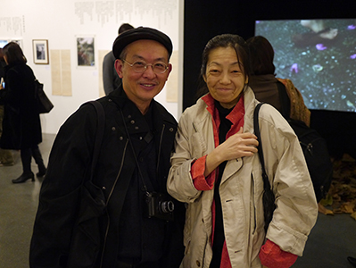 Lee Ka Sing (left) and Mio Hani (right), at the opening of a memorial exhibition for Leung Ping-kwan in the basement of the Central Library, Causeway Bay, 9 January 2014