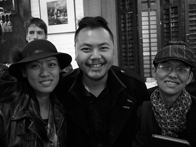 Curator Kwok Ying (left), artist Chow Chun Fai (centre), and art writer Leung Po Shan (right) at the Fringe Club, 9 January 2014