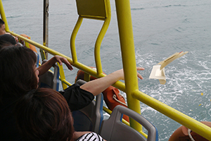 Casting paper offerings on the water whilst on a boat to Joss House Bay on the birthday of Tin Hau, 22 April 2014