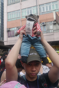 Participant in the annual pro-democracy march with toy wolf, Causeway Bay, 1 July 2014