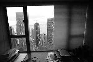 Buildings in Sheung Wan, viewed through a window, 26 June 2017