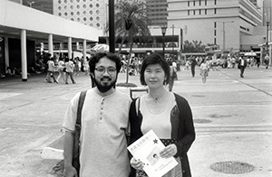 Academics Eva Man and Stephen Chan outside the City Hall, Central, 16 September 1995