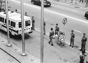 Police outside the Convention and Exhibition Centre, deployed to respond to any protests occurring during the Chinese National Day Celebrations, 29 September 1995