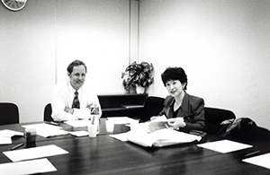 Kathy Hall and Jonathan Thomson at a Hong Kong Arts Development Council Strategic Planning Group meeting, 6 November 1995
