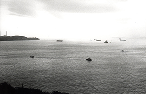 Police boat checking on passing boats, Lamma Channel, 6 January 1996