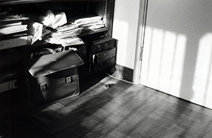 Briefcase and bookshelf in afternoon light, Sha Wan Drive, 2 February 1996