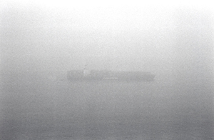 'Evergreen' container ship in heavy mist, Sandy Bay, Hong Kong Island, 22 March 1996