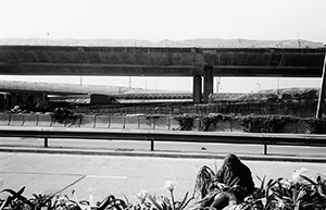 Homeless woman and elevated roadway under construction, Sheung Wan, 24 April 1996