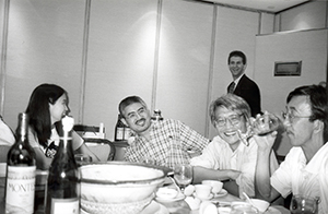 Dining at a restaurant after the opening of Zunzi's exhibition at the Hong Kong Arts Centre, Wanchai, 15 July 1996