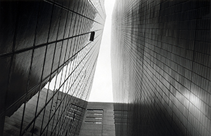 View upwards between tall buildings, near the Hong Kong Arts Centre, Harbour Road, Wanchai, 23 September 1996