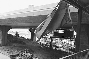 Elevated roadway under construction, Sheung Wan, with Taiwanese flag on a pedestrian walkway, 14 November 1996