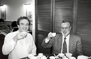 Dinner with Helmut Brinker, professor in Art History at the University of Zurich in Switzerland, and Richard Stanley-Baker, art historian, after the former's visit to the department of Fine Arts, University of Hong Kong, Pokfulam, 19 November 1996