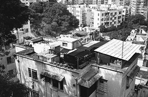 Rooftop structures on a block in Belcher's Gardens, Pokfulam, 7 January 1997
