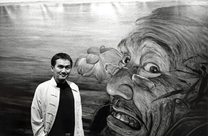 Thai artist Chatchai Puipia in front of his work, at the opening of the exhibition  'Being Minorities', Hong Kong Arts Centre, Wanchai, 26 February 1997