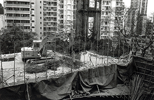 Demolition of the Chemistry Building, viewed from the library podium, The University of Hong Kong, 17 March 1997