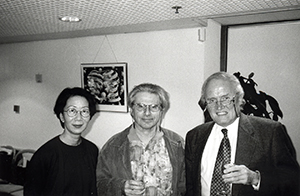 Michael Barry's retirement party: Elaine Ho, Colin Davies and Michael Barry, Senior Common Room, Knowles Building, HKU, 27 March 1997