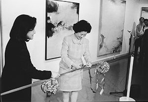 Anson Chan cutting the ribbon at an exhibition opening ceremony, Pao Galleries, Hong Kong Arts Centre, Wanchai, 15 April 1997