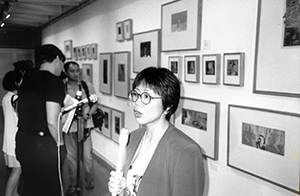 Christine Loh speaking at the opening of an exhibition, Pao Galleries, Hong Kong Arts Centre, Wanchai, 10 June 1997