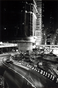 Construction of One International Finance Centre underway, view at night looking east, 18 October 1997