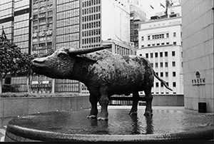 Sculpture of a water buffalo by Elisabeth Frink on the podium of Exchange Square, Central, 28 March 1998