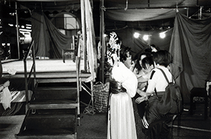 Chinese opera performer preparing to go on stage, Southorn Playground, Wanchai, 13 May 1998