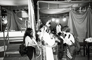 Chinese opera performer preparing to go on stage, Southorn Playground, Wanchai, 13 May 1998