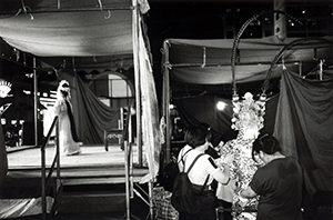 View of stage and backstage areas at a Chinese opera performance, Southorn Playground, Wanchai, 13 May 1998