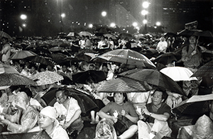 Protesters in rain at the June Fourth Memorial Rally, Victoria Park, 4 June 1998