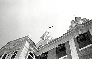 Chinese national flag flying on the clock tower of Main Building, University of Hong Kong, 1 October 1998