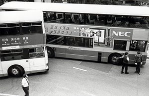 Citybus and New World First Bus vehicles in a minor collision outside the Bank of America Tower, Harcourt Road, Central, 23 November 1998