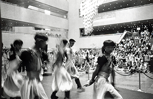 Folk dance display in the Cultural Center foyer, Tsim Sha Tsui, 9 July 1999