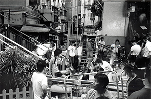 Film shooting in progress under the Central-Mid-Levels escalator near Lyndhurst Terrace, Central, 16 October 1999