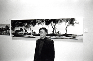 Hon Chi-Fun and one of his paintings, shortly before the opening of his exhibition 'Recent Journeys & Interludes' at the University Museum and Art Gallery, University of Hong Kong, 30 November 1999