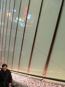 On an escalator, with reflections of the street, One Peking, Tsim Sha Tsui, Kowloon, 21 January 2005